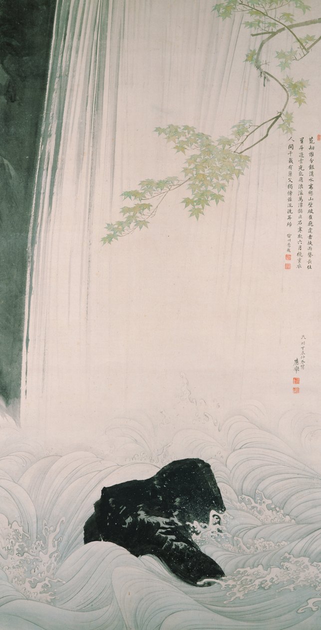 Grøn ahorn og vandfald af Maruyama Okyo