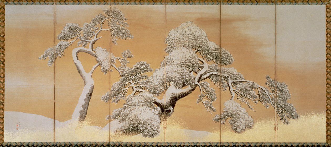 The Pines under Snow (pen og blæk, farve, guldpapir på panel) (se 216567) af Maruyama Okyo