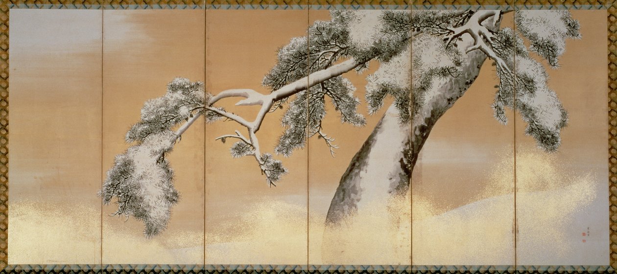 The Pines under Snow (pen og blæk, farve, guldpapir på panel) (se 216568) af Maruyama Okyo