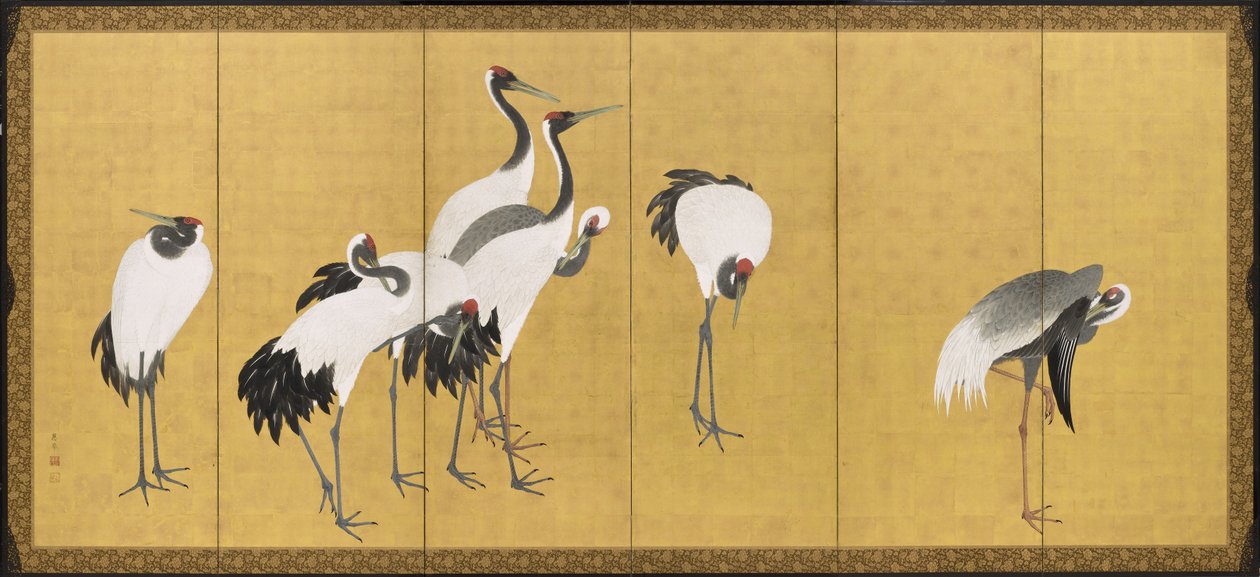 Traner, Anei Periode, 1772 (blæk, farve og bladguld på panel) af Maruyama Okyo