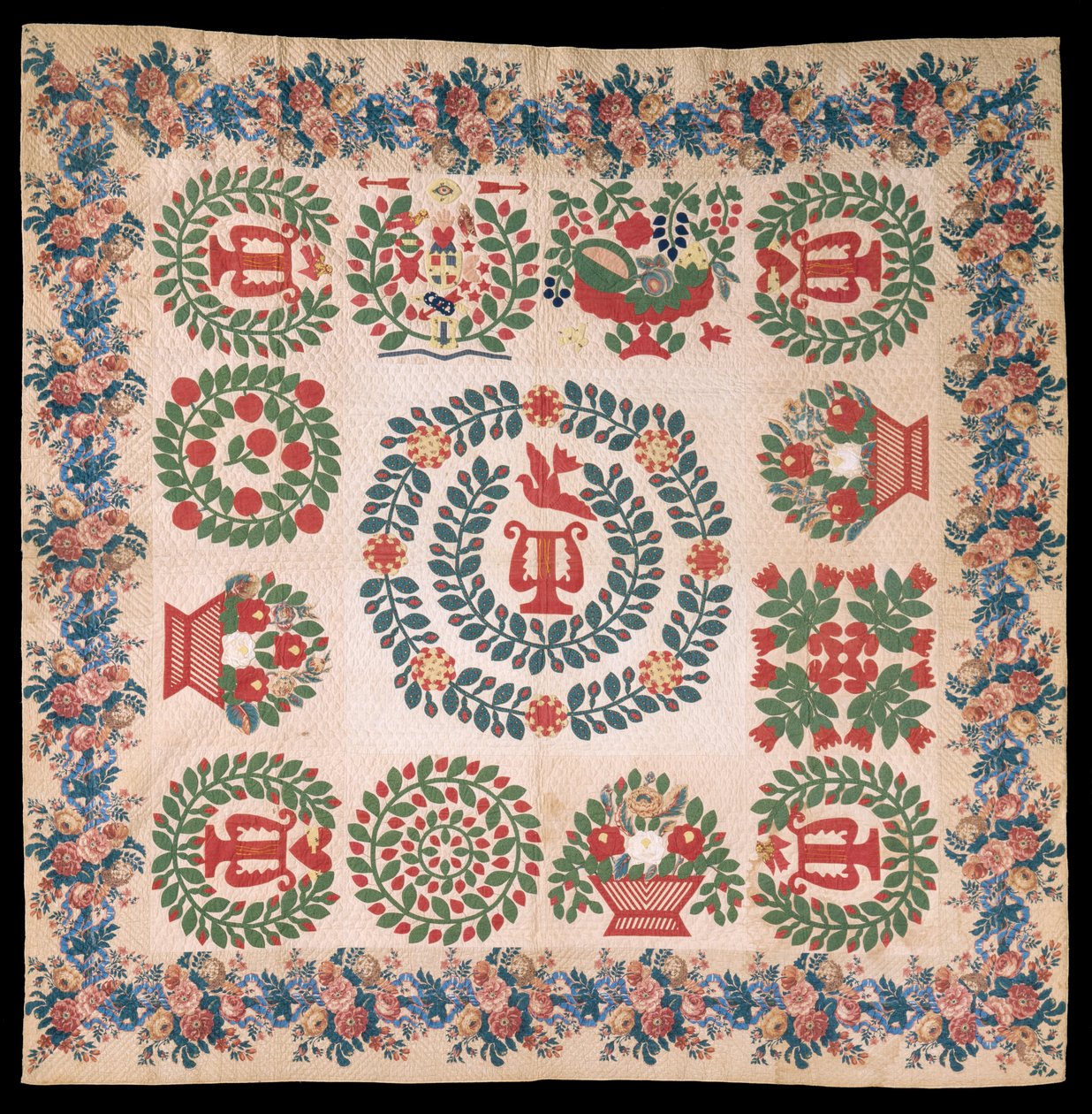 Odd Fellows Applique Album quilt, ca. 1850 (bomuld og silke) af Mary Ann McCue