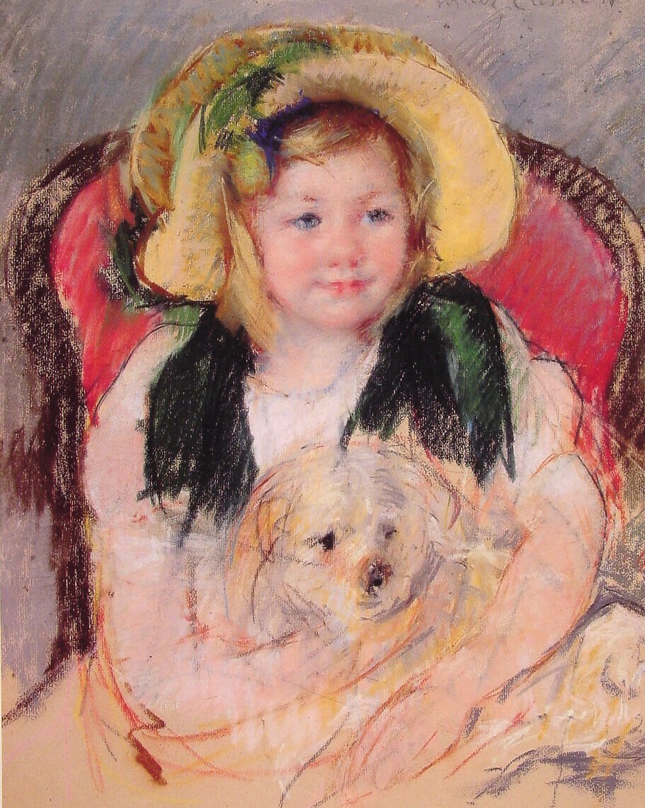 Sara med sin hund i en lænestol af Mary Cassatt