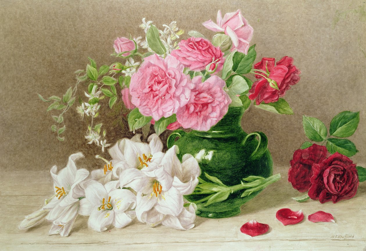Roser og liljer (akvarel) af Mary Elizabeth Duffield