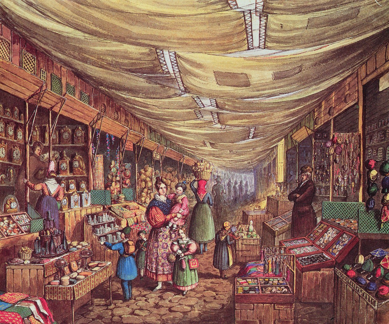 Scene i Frankfurt-messen. En del af rækken af boder, der strækker sig langs floden Mayn af Mary Ellen Best