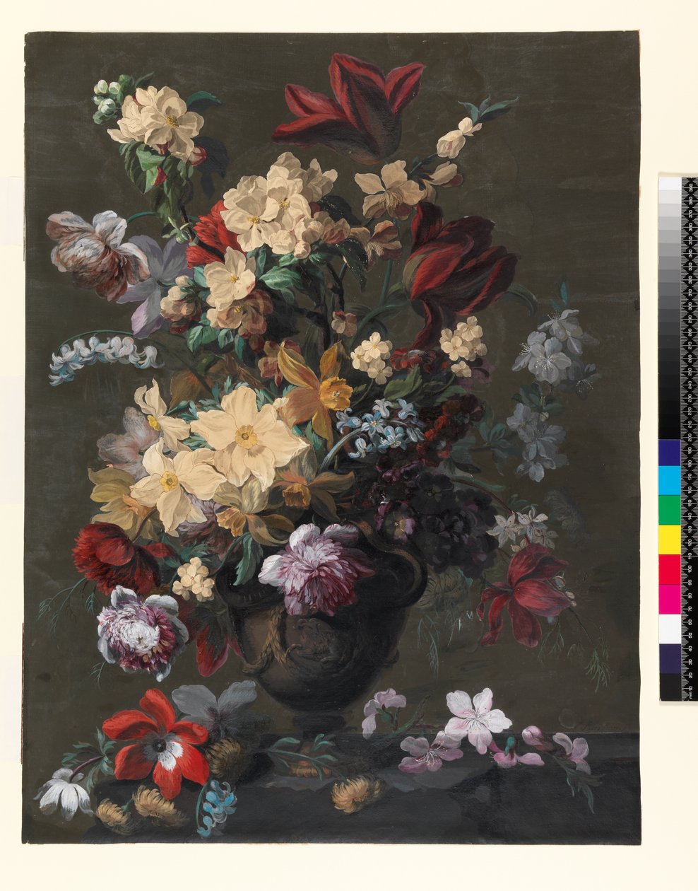 Blomster i en vase stående på en afsats (Vædderen), slutningen af det 18. århundrede (pen og blæk, wc og kropsfarve på en forberedt mørk bund) af Mary Moser