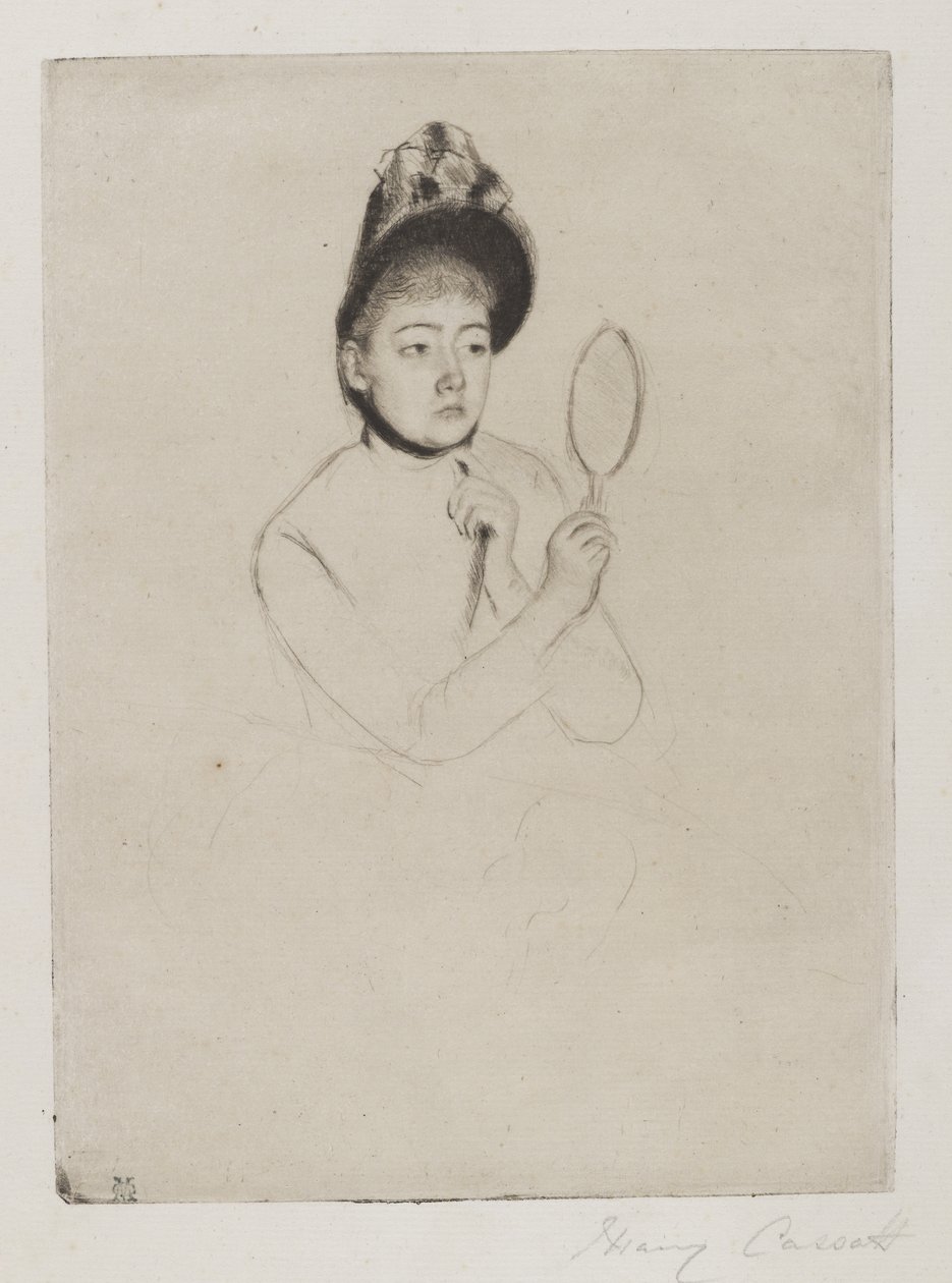 Femme au Mirror (The Bonnet), ca. 1891 (tørpunkt på cremefarvet lagt papir) af Mary Cassatt