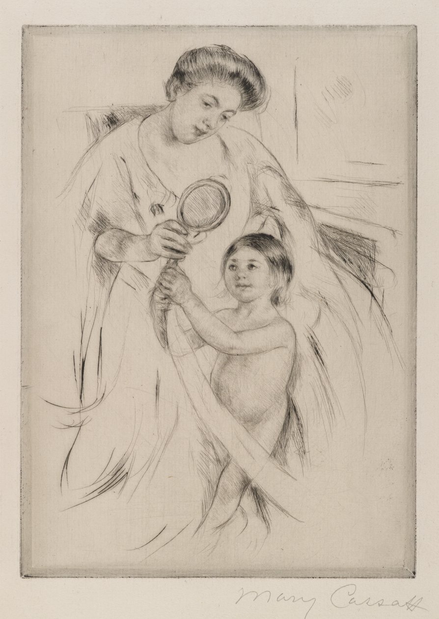 La Glace a Main, ca. 1905 (tørpunkt på cremefarvet papir) af Mary Cassatt