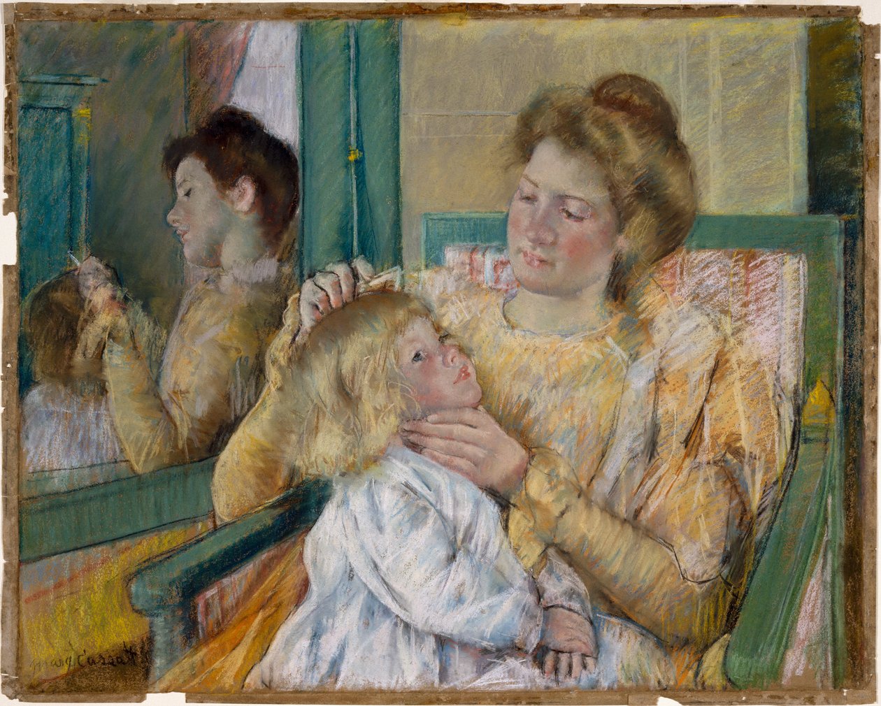 Mor kæmmer sit barns hår, ca. 1901 (pastel på gråt papir) af Mary Cassatt