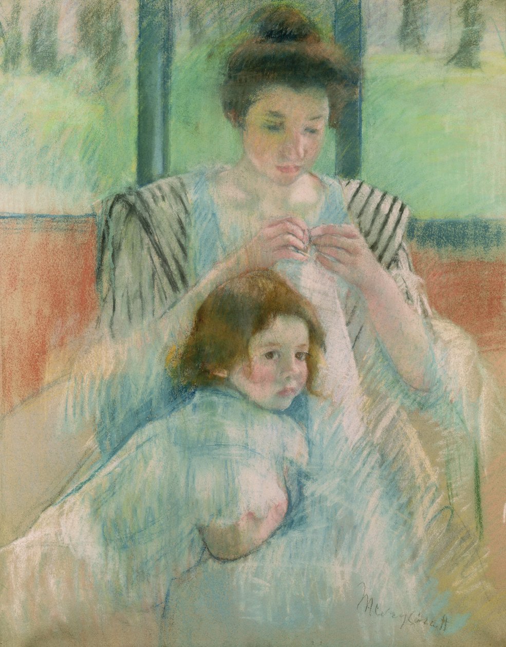 Mor og barn (pastel på papir) af Mary Cassatt