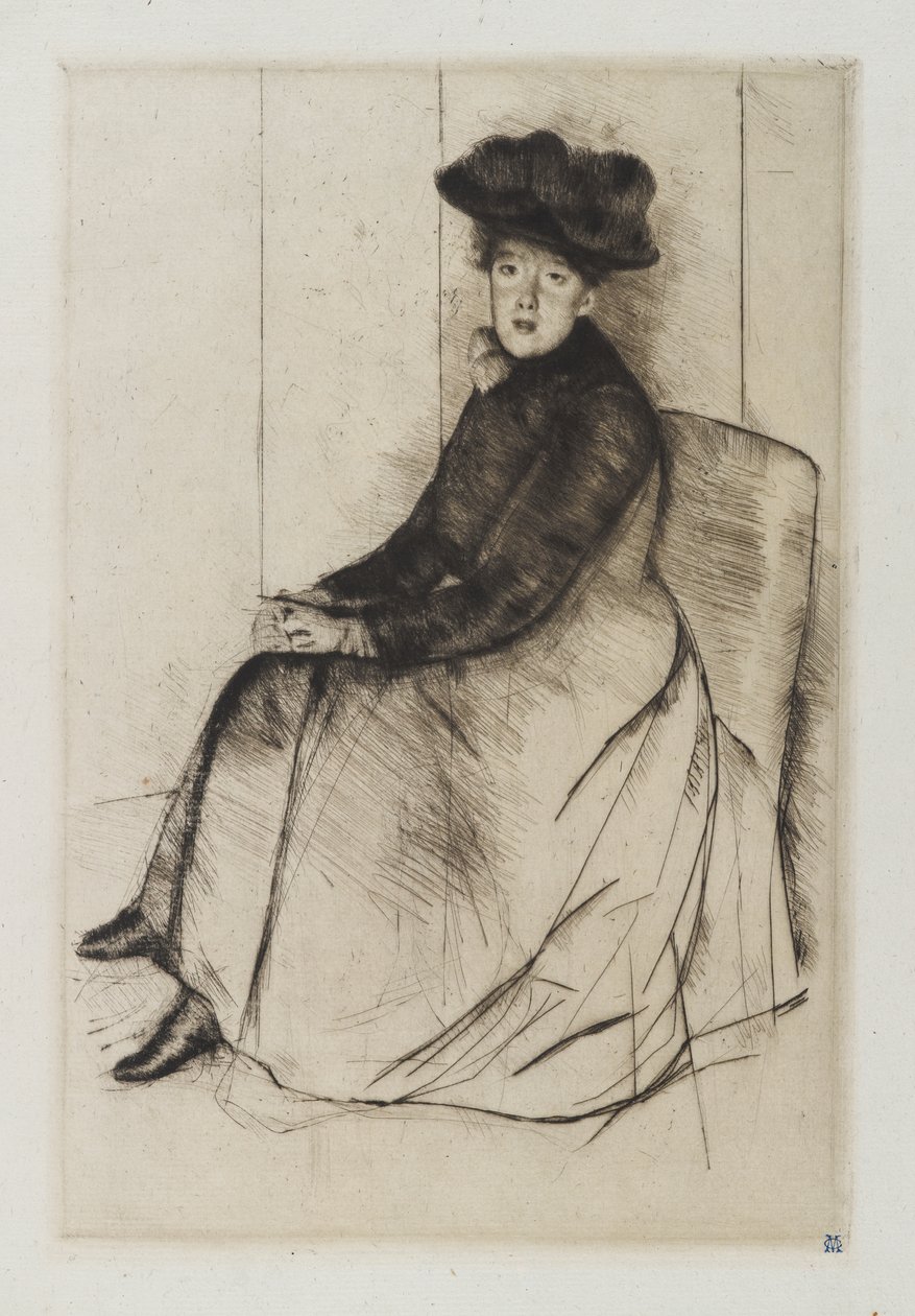 Refleksion, ca. 1890 (tørpunkt på grønt farvet papir) af Mary Cassatt