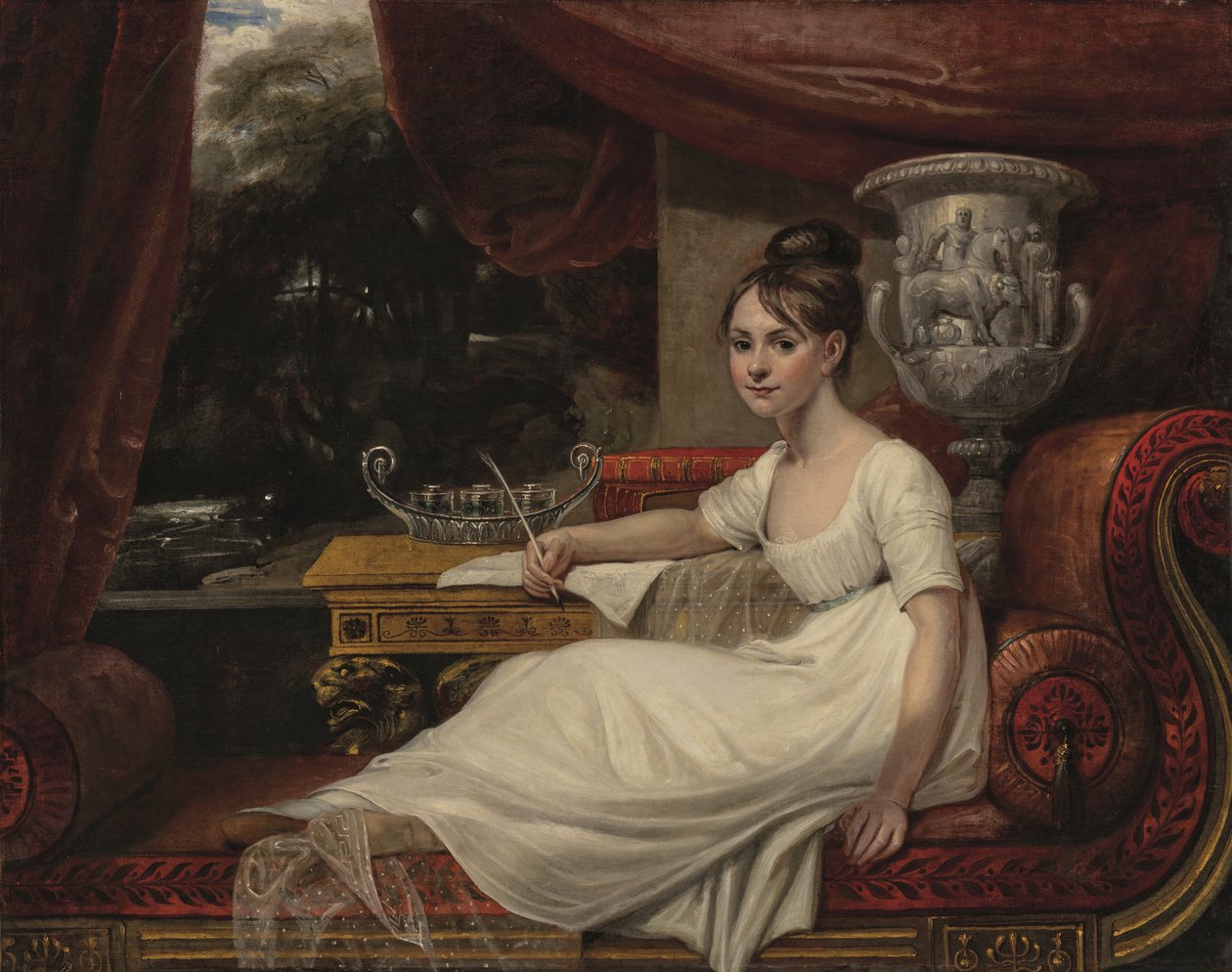 Portræt af Eleanor Anne Porden, Lady Franklin (1795-1825), på en chaiselongue (olie på lærred) af Mary Ann Flaxman