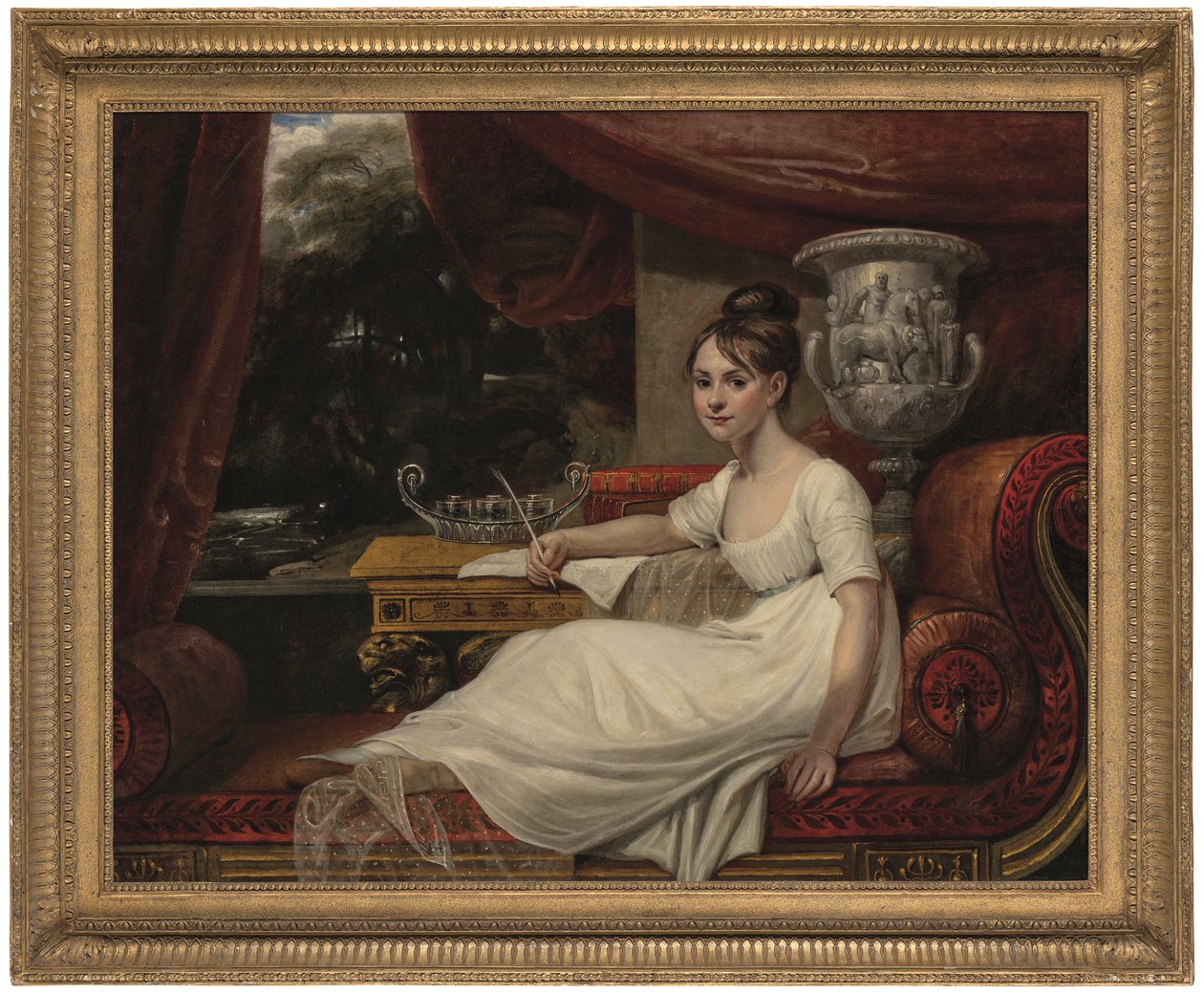 Portræt af Eleanor Anne Porden, Lady Franklin (1795-1825), på en chaiselongue (olie på lærred) af Mary Ann Flaxman