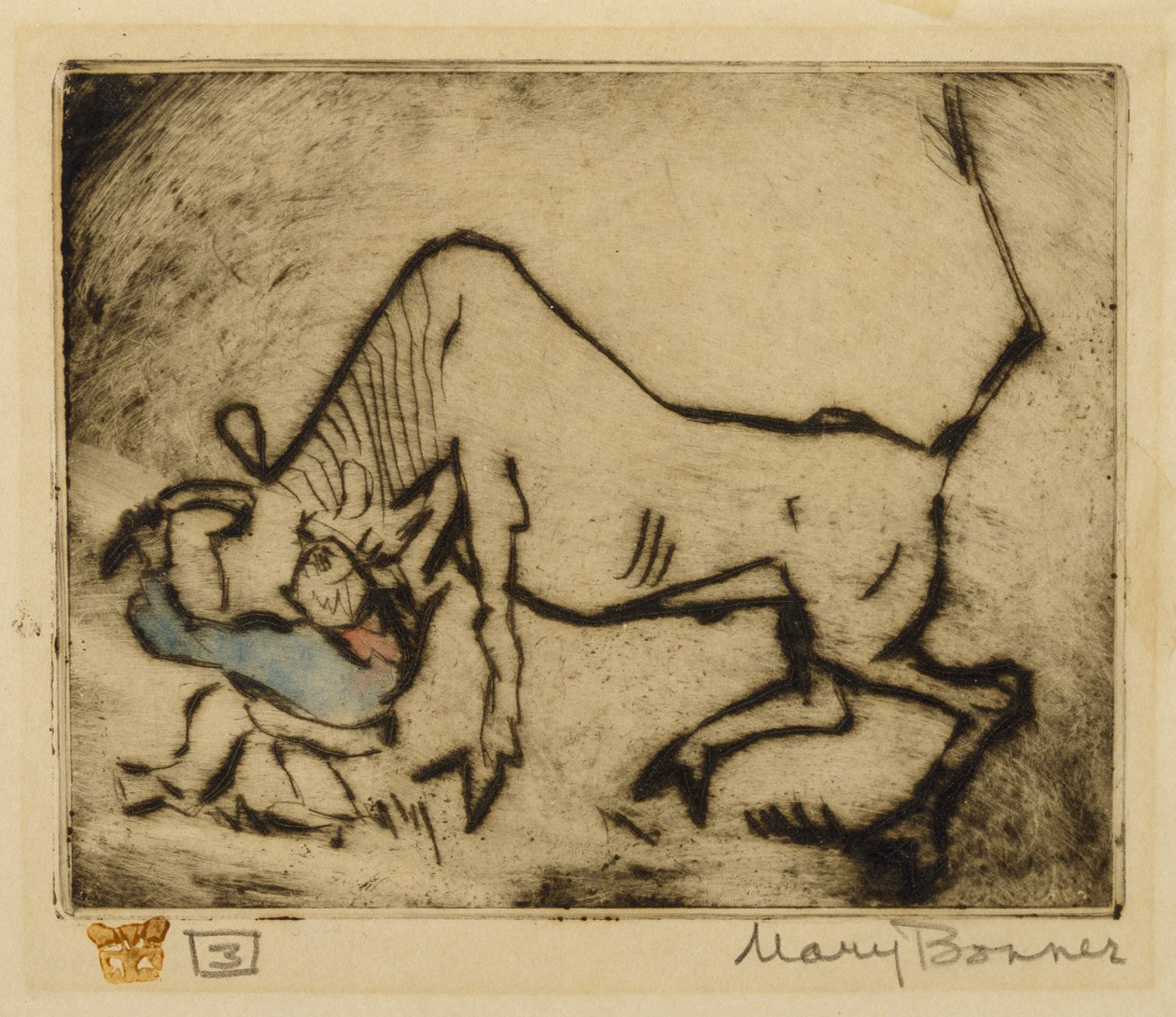 Bull-Dogging (håndfarvet ætsning) af Mary Bonner