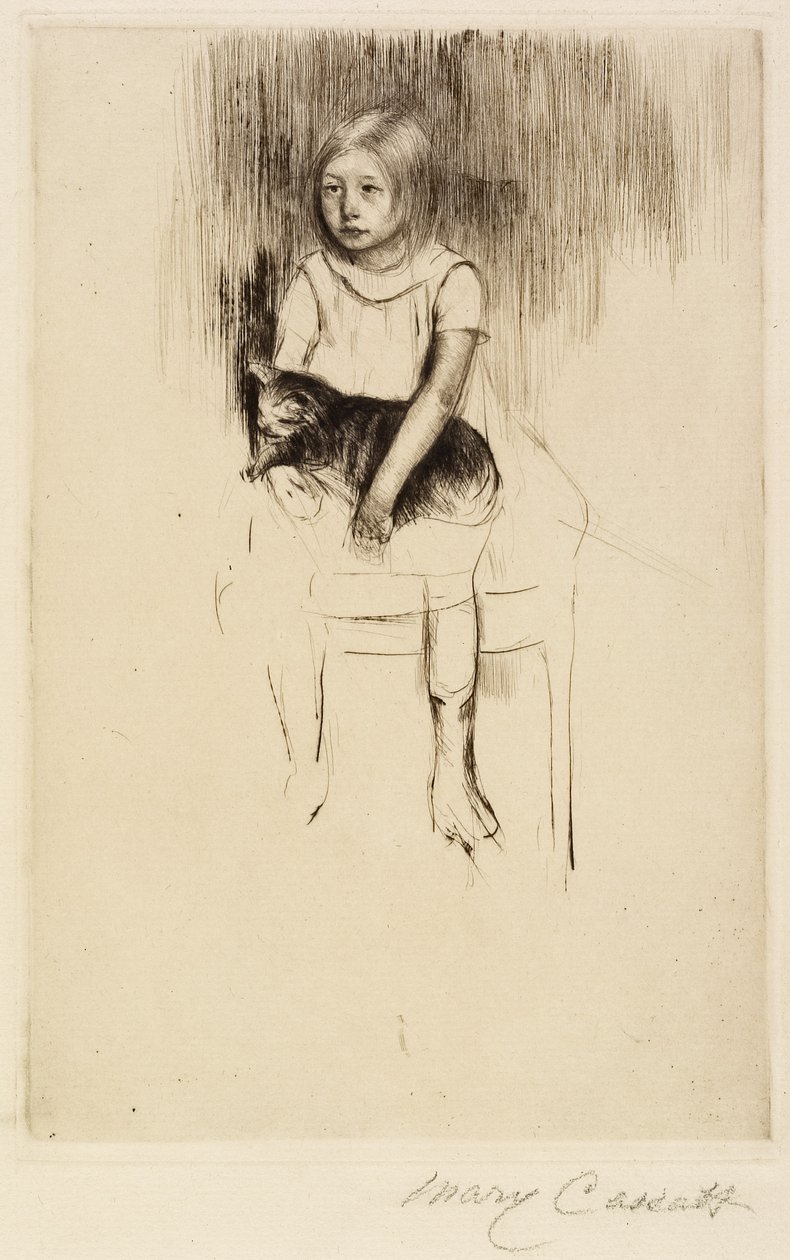 Ellen holder en kat, ser til venstre, ca. 1887 af Mary Cassatt