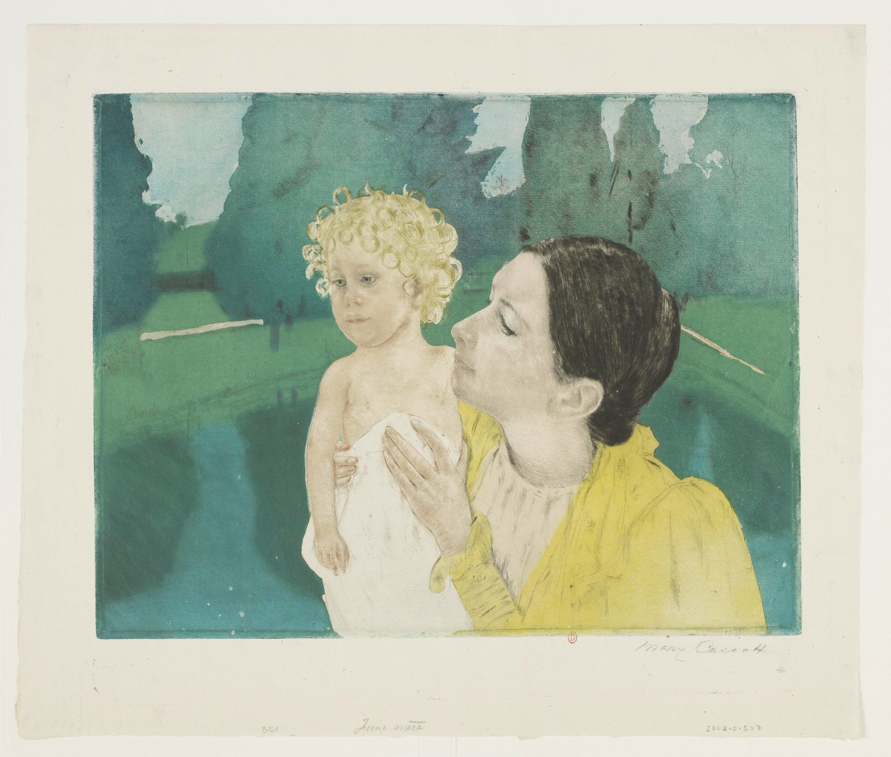 Ung mor i en park foran et bassin af Mary Cassatt