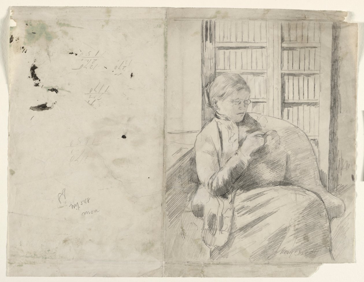 Strikke i biblioteket recto, ca. 1881. af Mary Cassatt
