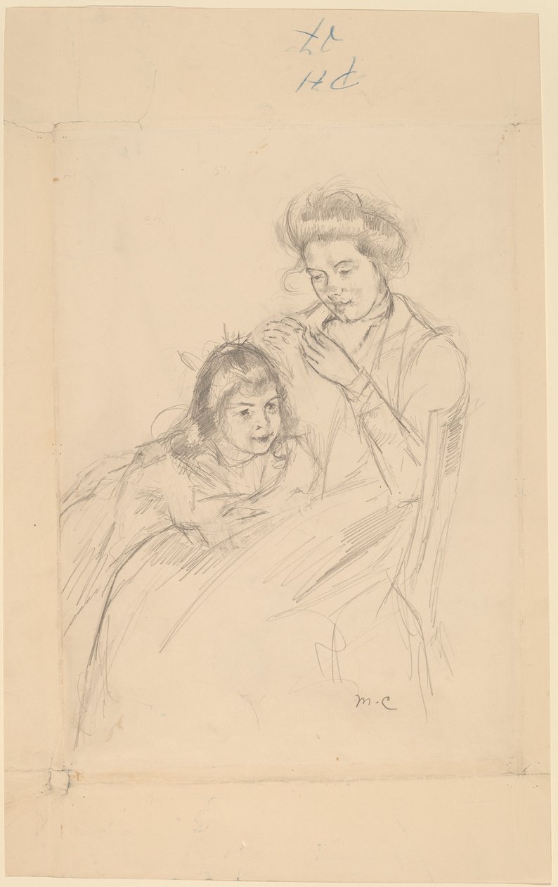 Margot læner sig mod Reines knæ af Mary Cassatt