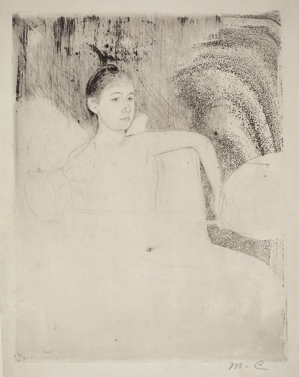 Mimi med en japansk vifte i hånden af Mary Cassatt