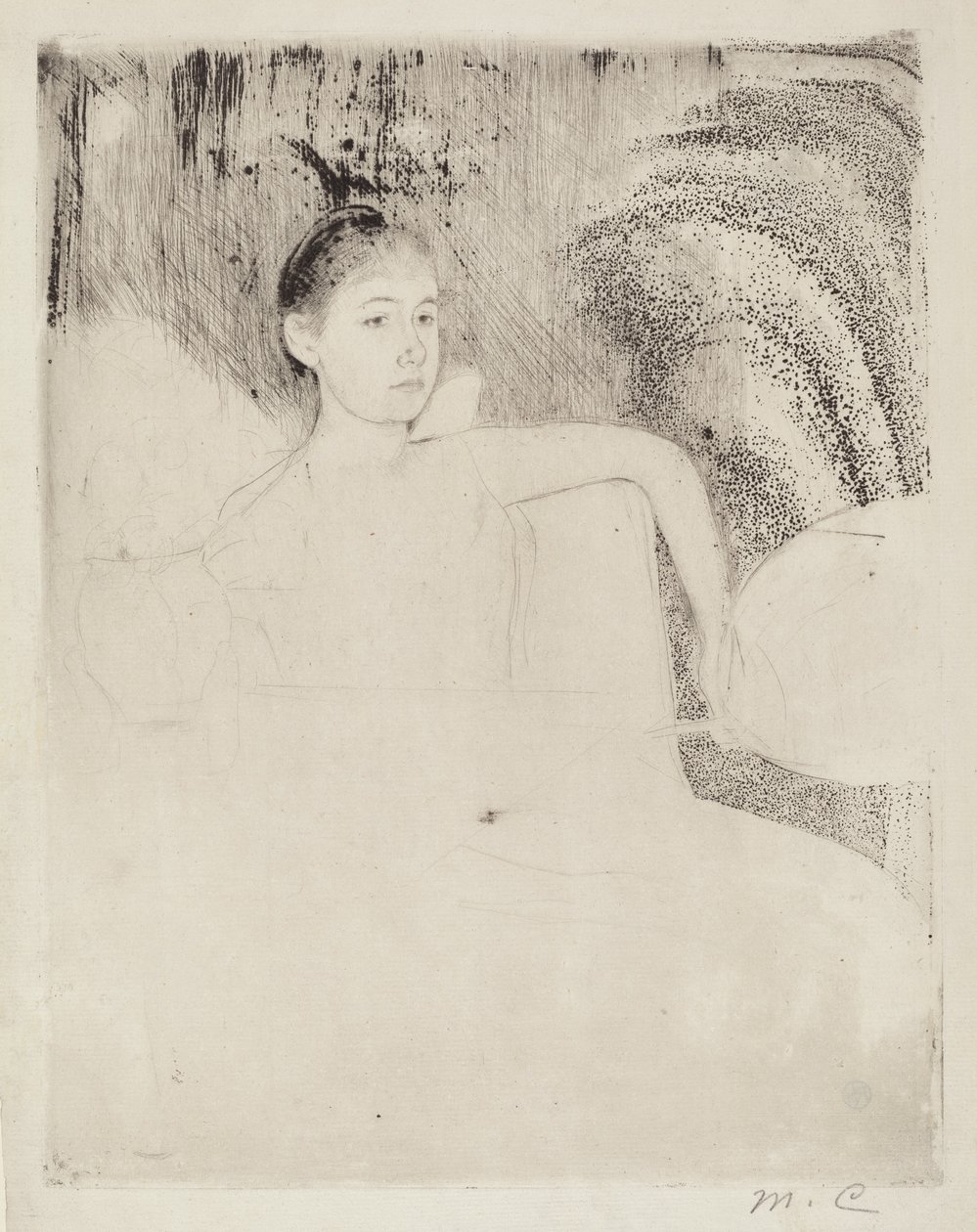Mimi holder en japansk fan, ca. 1889. af Mary Cassatt