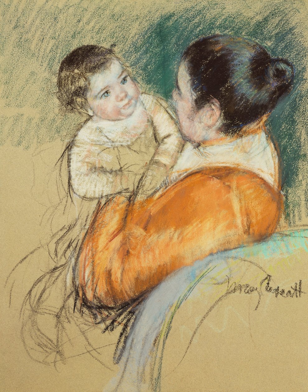 Mor Louise holder sit blåøjede barn op, af Mary Cassatt
