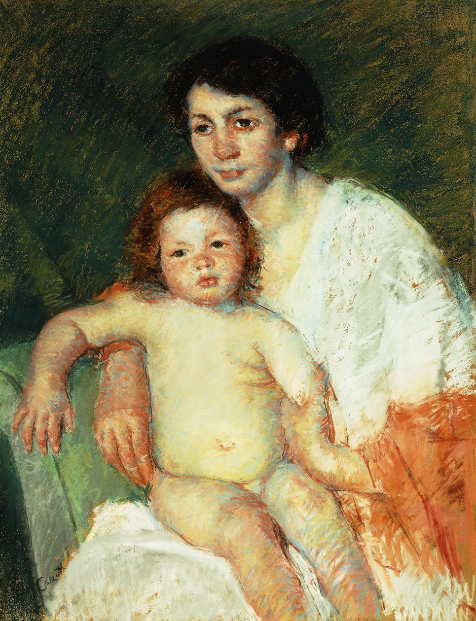 Nøgen baby på mors skød hviler sin højre arm på stoleryggen, 1913 af Mary Cassatt