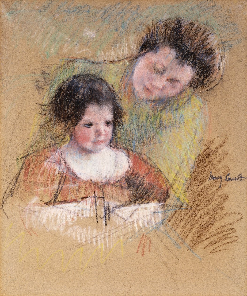 Reine læner sig over Margots skulder, af Mary Cassatt