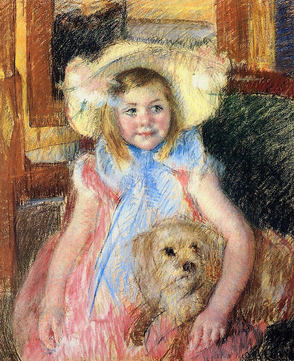 Sara i stor blomstret hat, kigger til højre og holder sin hund, ca. 1901 (pastel på papir) af Mary Cassatt