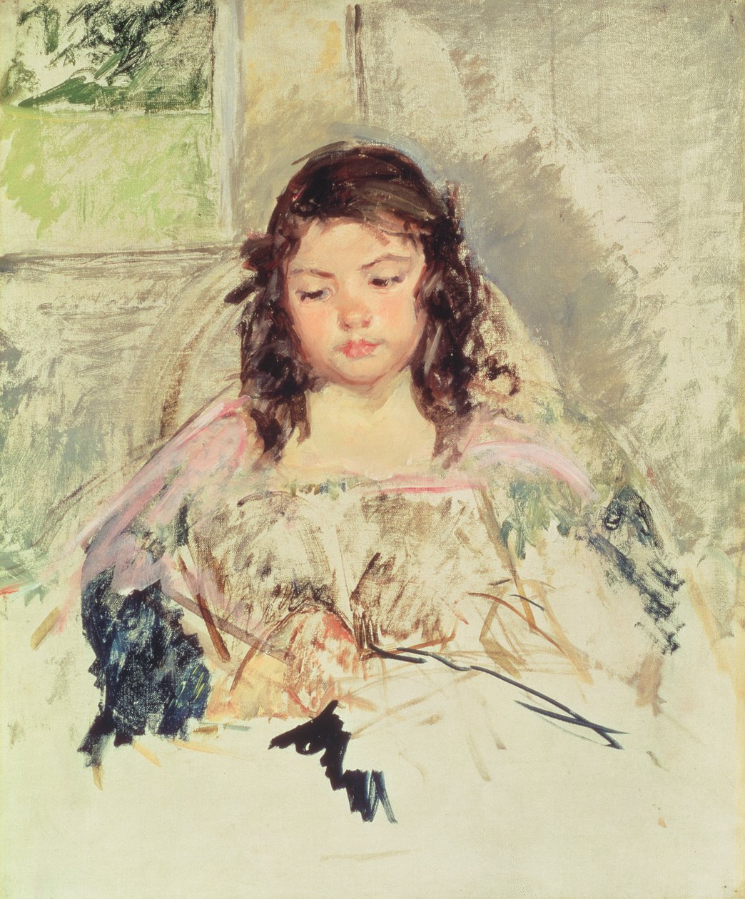 Skitse til "Francoise i en stol med rund ryg, læsning" eller "En pige i lyserød" ca. 1908 af Mary Cassatt
