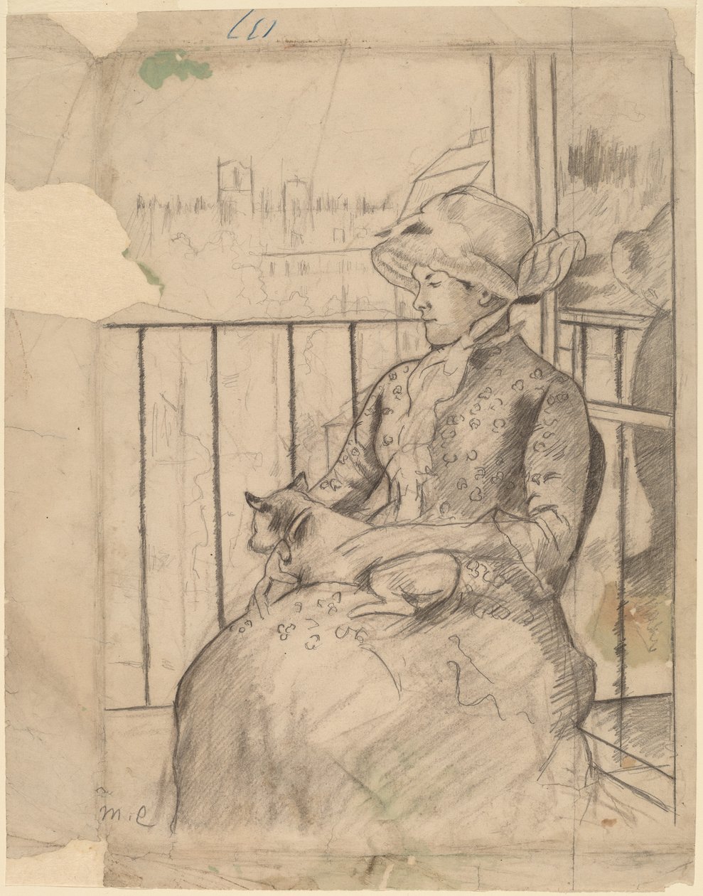 Susan på en balkon holder en hund [recto] af Mary Cassatt