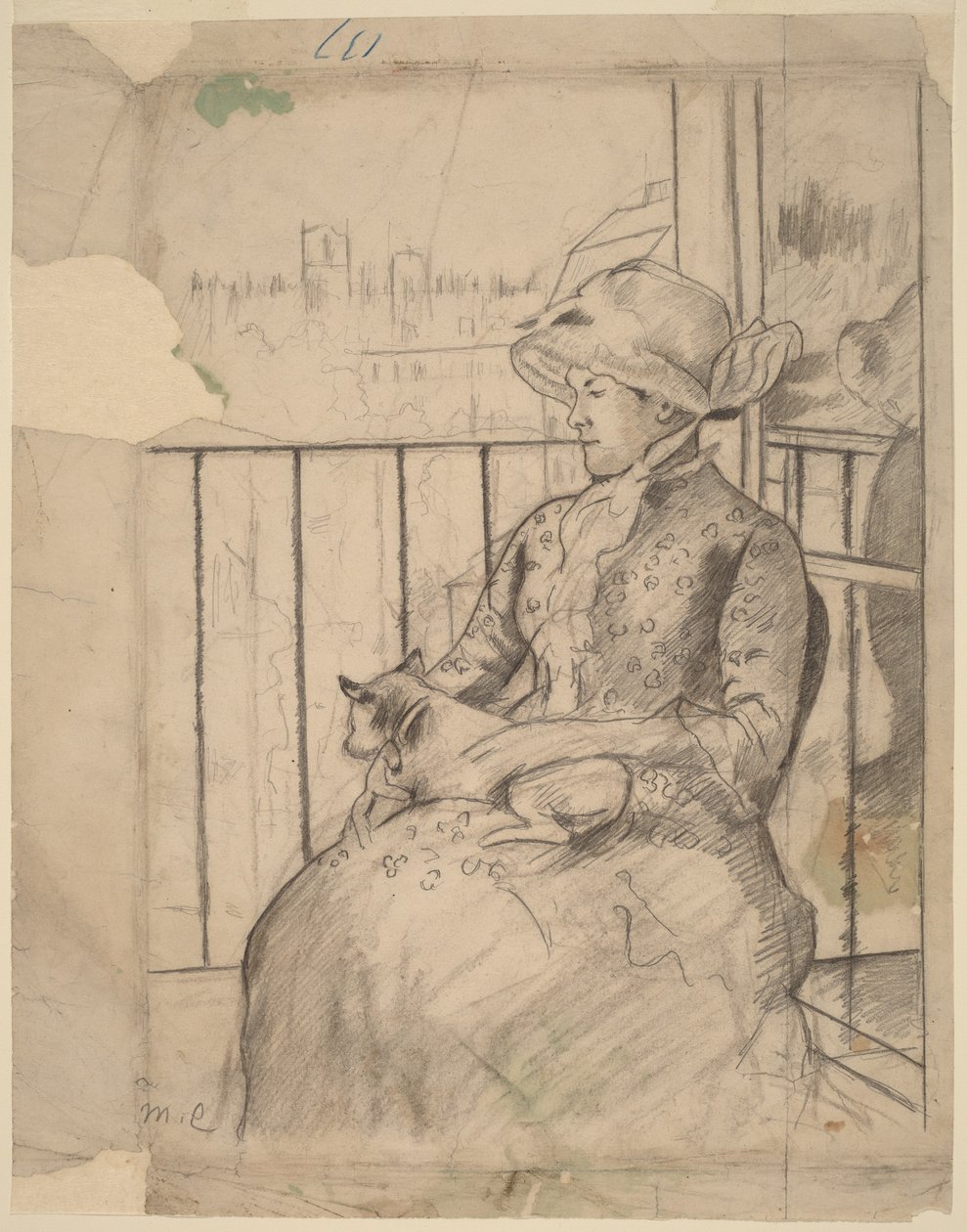 Susan på en balkon med en hund [forside] af Mary Cassatt