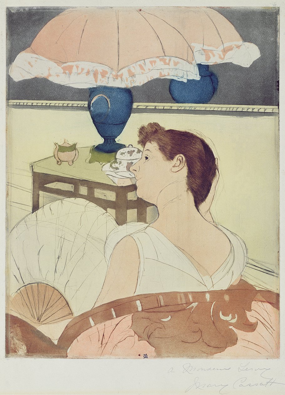 Lampen, 1891 (tørpunkt, blødt jord og akvatint på papir) af Mary Cassatt