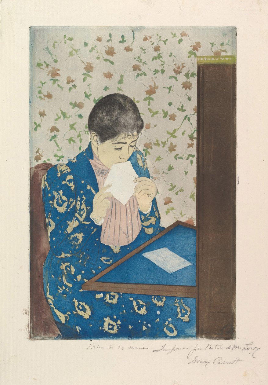 Brevet, 1890-91 (tørnål og akvatint, trykt fra tre plader) af Mary Cassatt