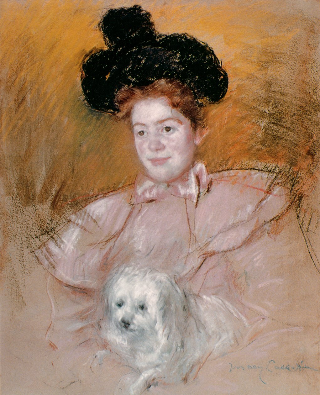 Kvinde holder en hund (pastel på papir) af Mary Cassatt