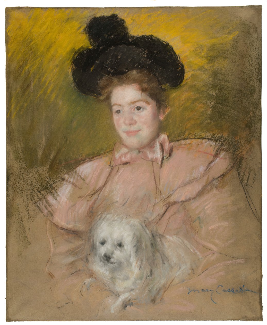 Kvinde i hindbærkostume holder en hund, ca. 1901. af Mary Cassatt