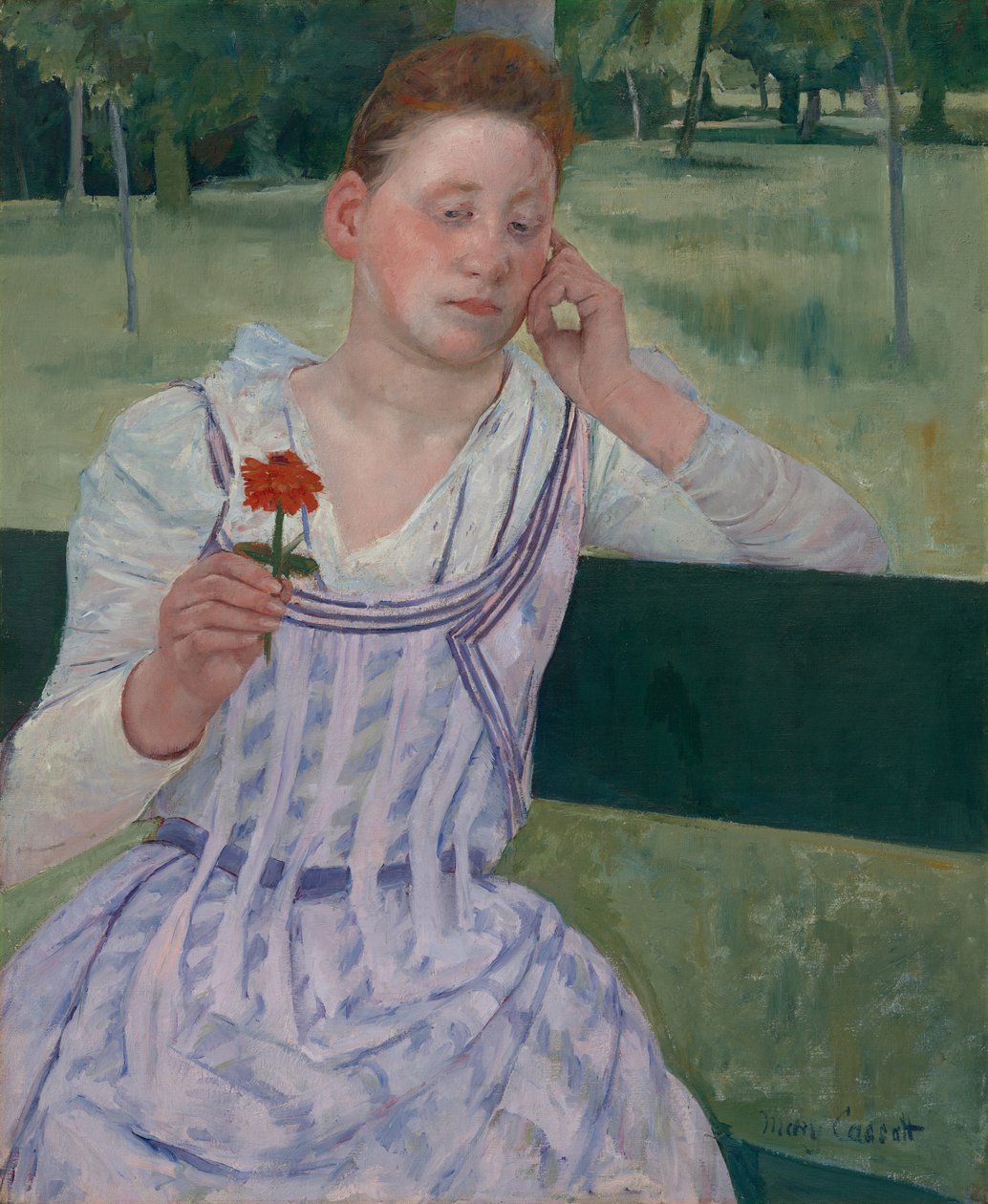 Kvinde med en rød zinnia (Drømmeri) af Mary Cassatt