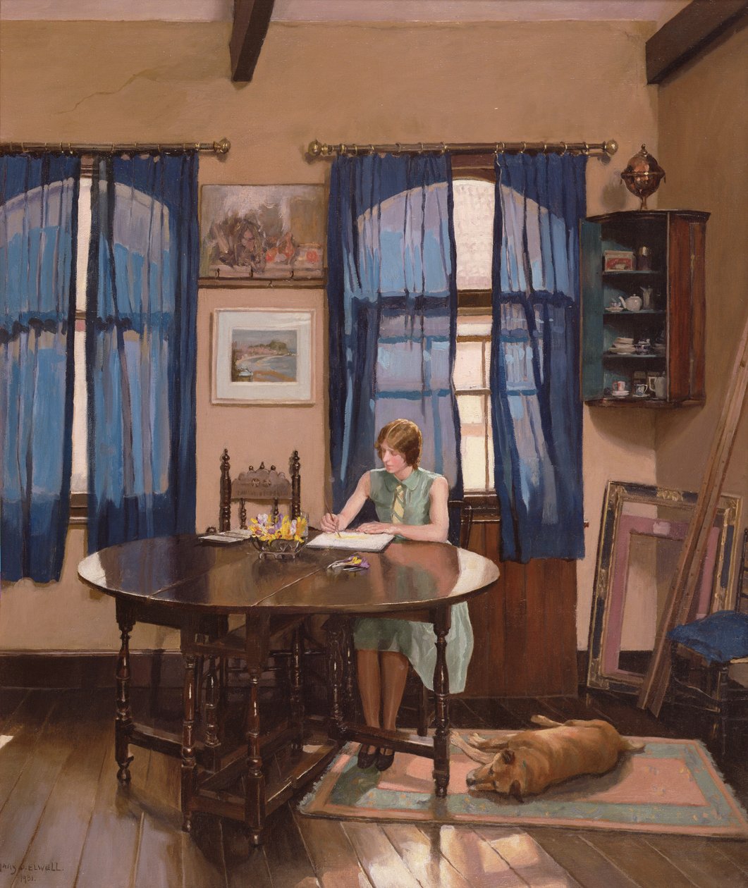 Interiør med en kvindelig kunstner, der maler ved et portbenbord af Mary Dawson Elwell