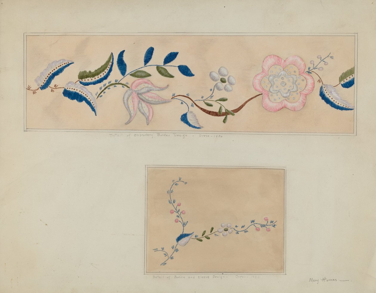 Broderi - Detalje af barnets kjole, 19351942. af Mary E Humes