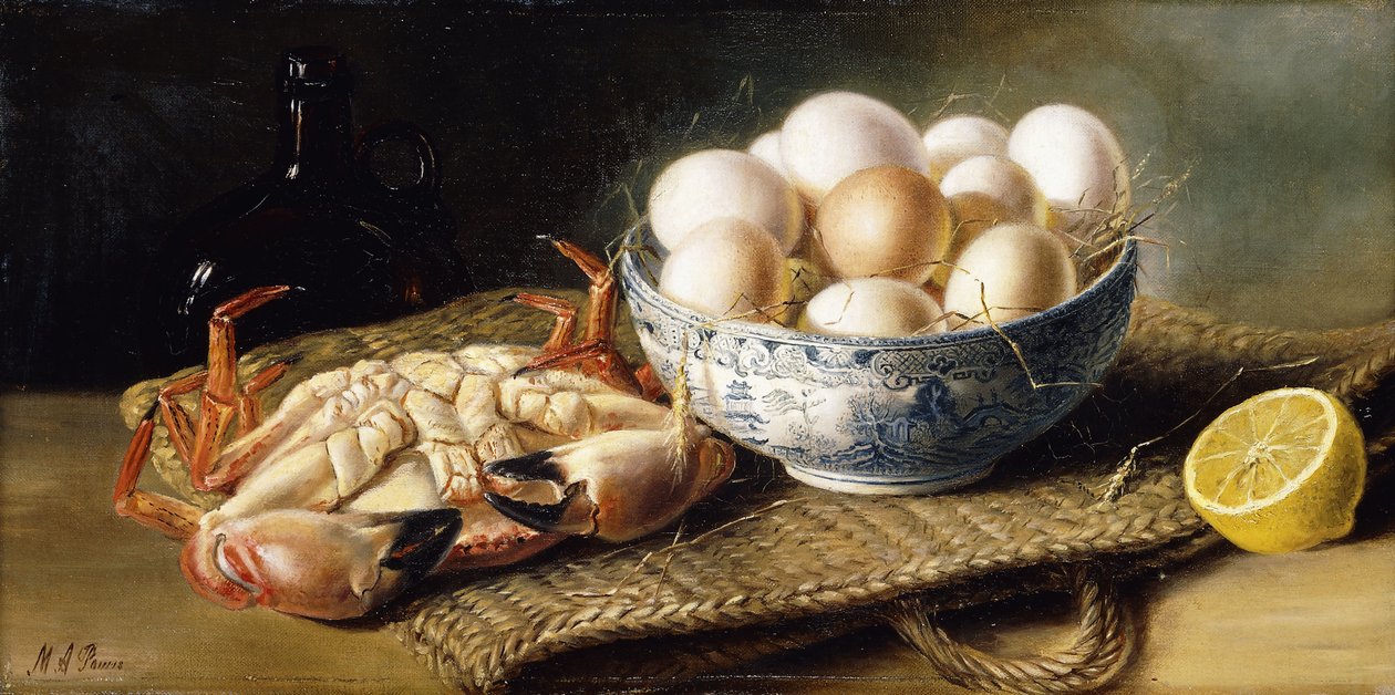 En krabbe og en skål æg på en kurv, med en flaske og en halv citron af Mary E. Powis