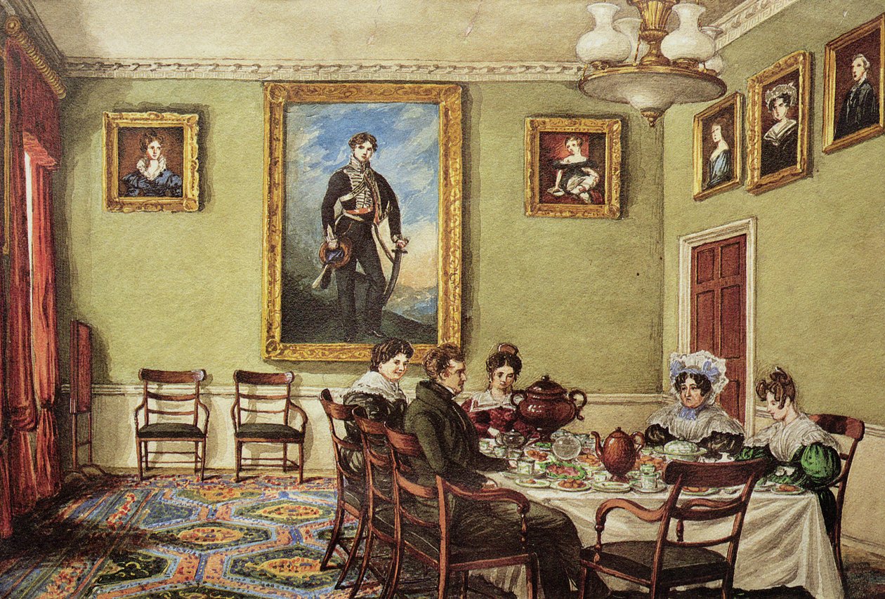 Spisestuen på Langton Hall, familien ved morgenmaden, ca. 1832-1832-3 af Mary Ellen Best