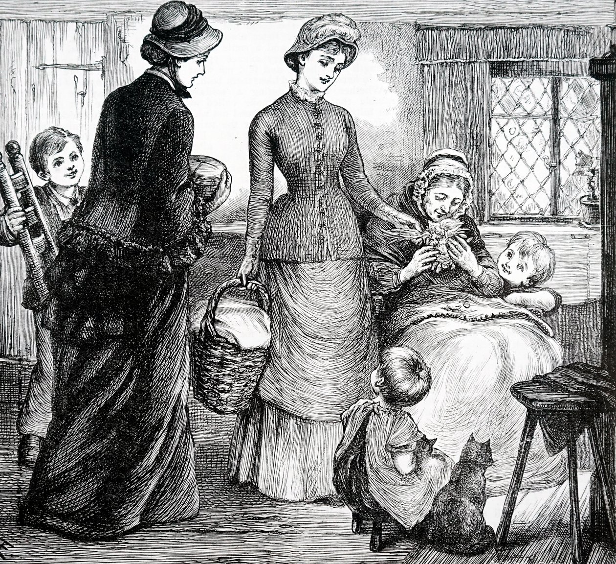 En kvinde, der giver gaver til en fattig sommerhusmand. Af Mary Ellen Edwards (1838-1934), en engelsk kunstner af Mary Ellen Edwards