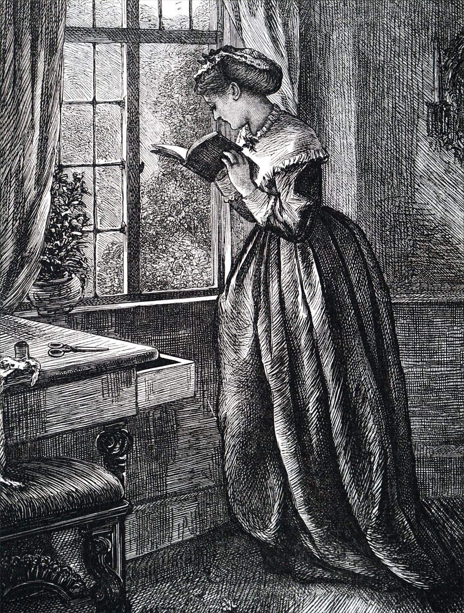 En ung kvinde læser ved et åbent vindue. af Mary Ellen Edwards