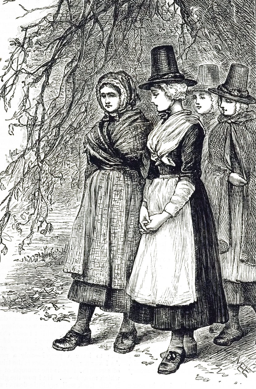 En gravering, der forestiller walisiske piger på en Hollantide Fair, en ansættelsesmesse, der venter på at blive forlovet som hushjælp. Illustreret af Mary Ellen Edwards (1838-1934), en engelsk kunstner og illustrator af børnebøger af Mary Ellen Edwards
