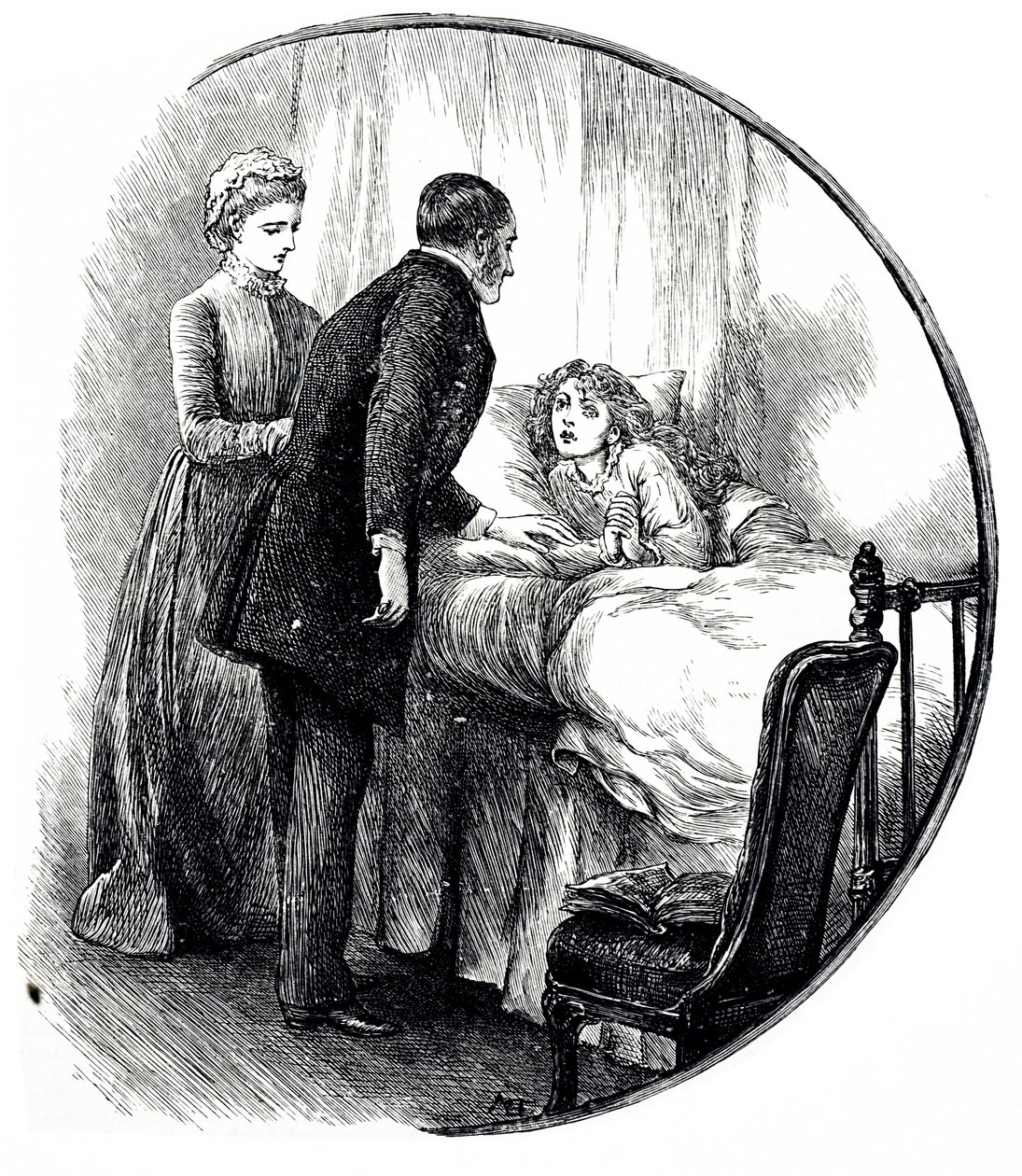 En gravering, der forestiller en læge, der besøger sin unge patient derhjemme. Illustreret af Mary Ellen Edwards (1838-1934), en engelsk kunstner og produktiv illustrator af børnebøger af Mary Ellen Edwards