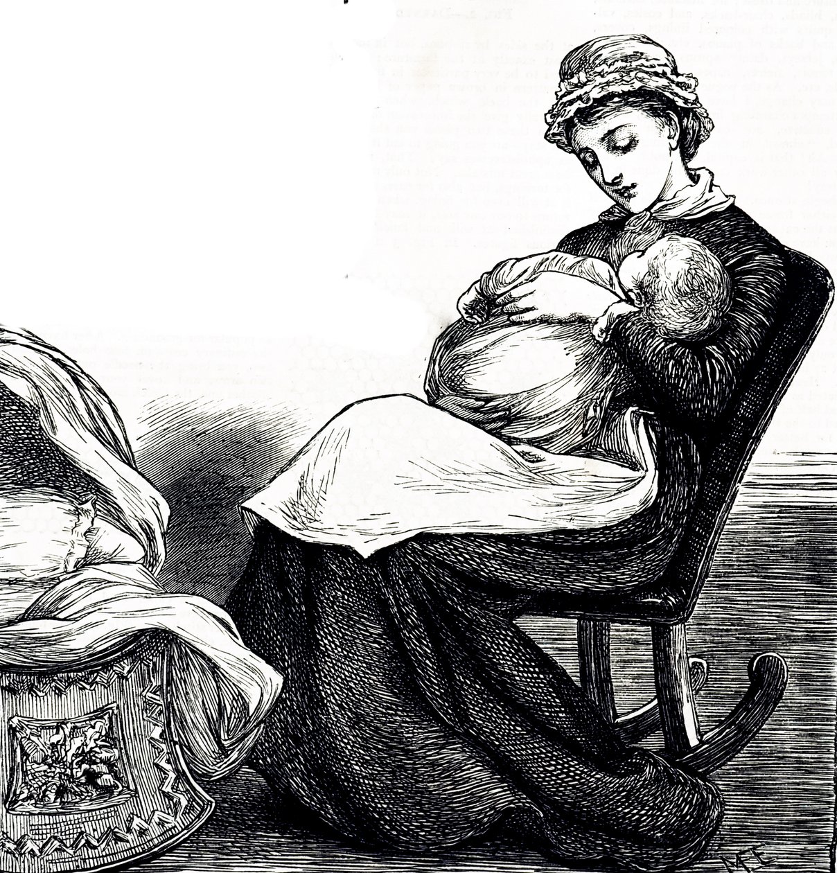 En gravering, der forestiller en mor, der vugger sin baby. Illustreret Mary Ellen Edwards (1838-1934), en engelsk kunstner og produktiv illustrator af børnebøger af Mary Ellen Edwards