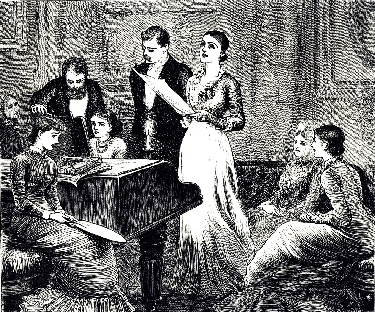 En gravering, der forestiller en musikalsk aften. Illustreret af Mary Ellen Edwards (1838-1934), en engelsk kunstner og illustrator af børnebøger af Mary Ellen Edwards