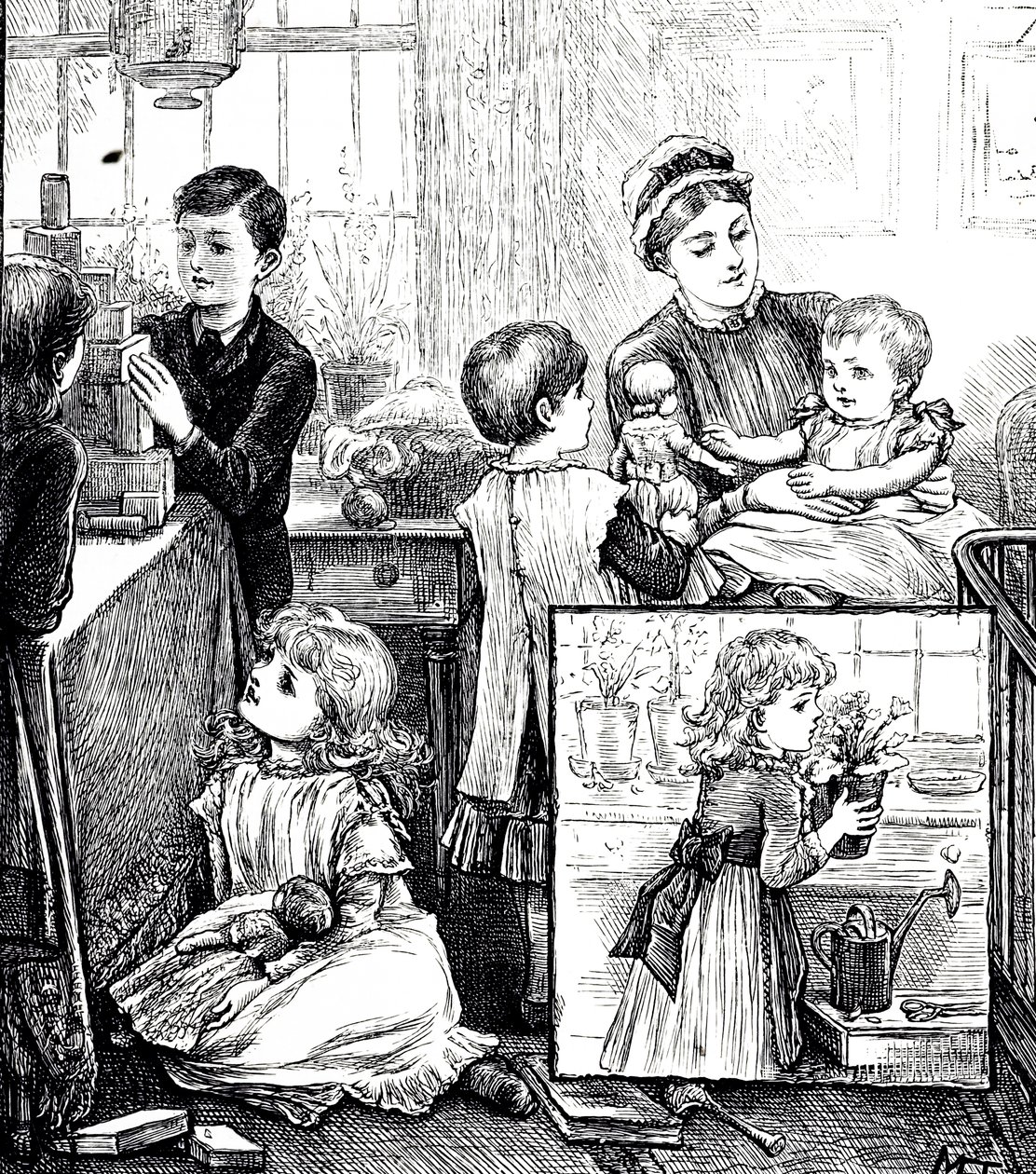 En gravering, der viser en regulær scene af en velhavende victoriansk familie. På hovedbilledet bliver børnene overvåget af deres børnepige, mens de leger med byggesten. Indsatsbilledet viser en lille pige placerer en potteplante på en vindueskarm. jeg af Mary Ellen Edwards