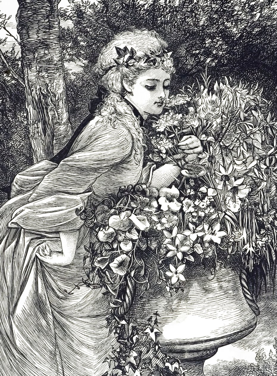 En gravering, der forestiller en ung pige, der lugter blomster, anbragt i en haveurne. Illustreret af Mary Ellen Edwards (1838-1934), en engelsk kunstner og illustrator af børnebøger af Mary Ellen Edwards