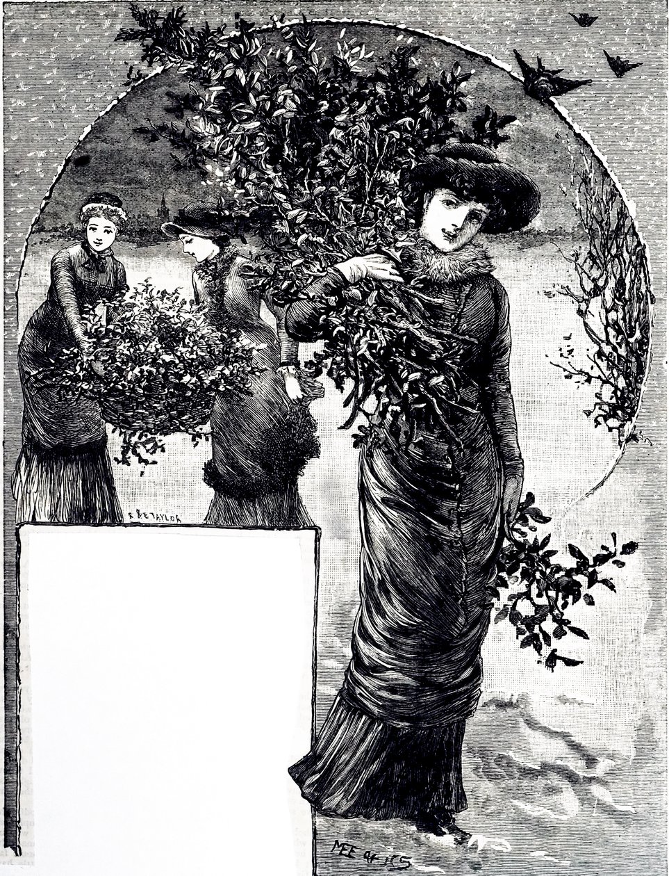 En gravering, der viser samlingen af kristtorn og stedsegrøn til juledekoration. Illustreret af Mary Ellen Edwards (1838-1934), en engelsk kunstner og illustrator af børnebøger af Mary Ellen Edwards