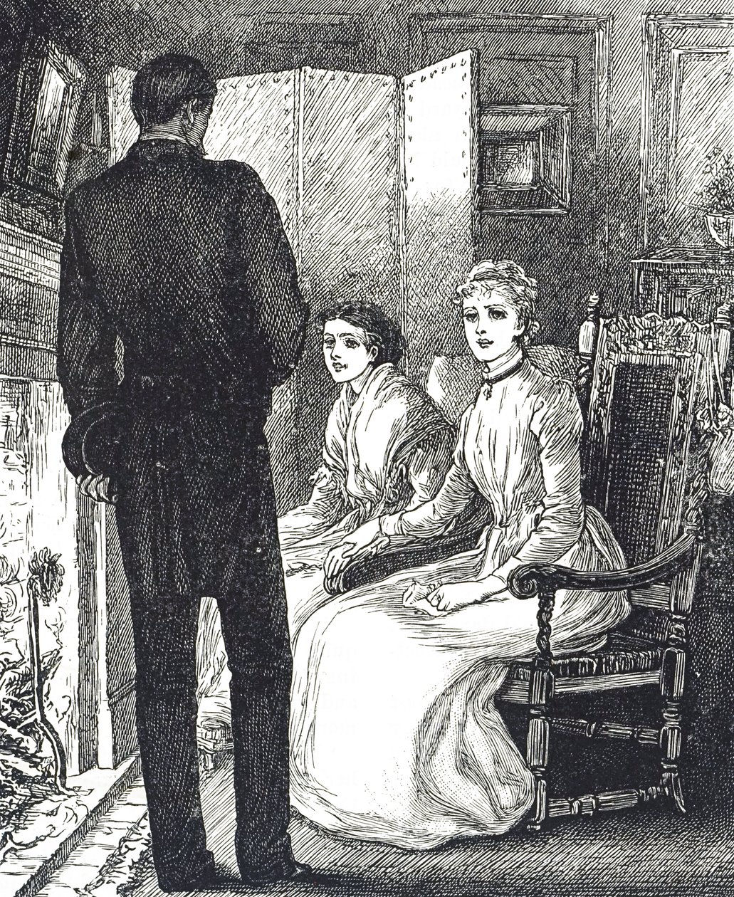 Gravering af to kvinder, der holder varmen ved siden af pejsen af Mary Ellen Edwards