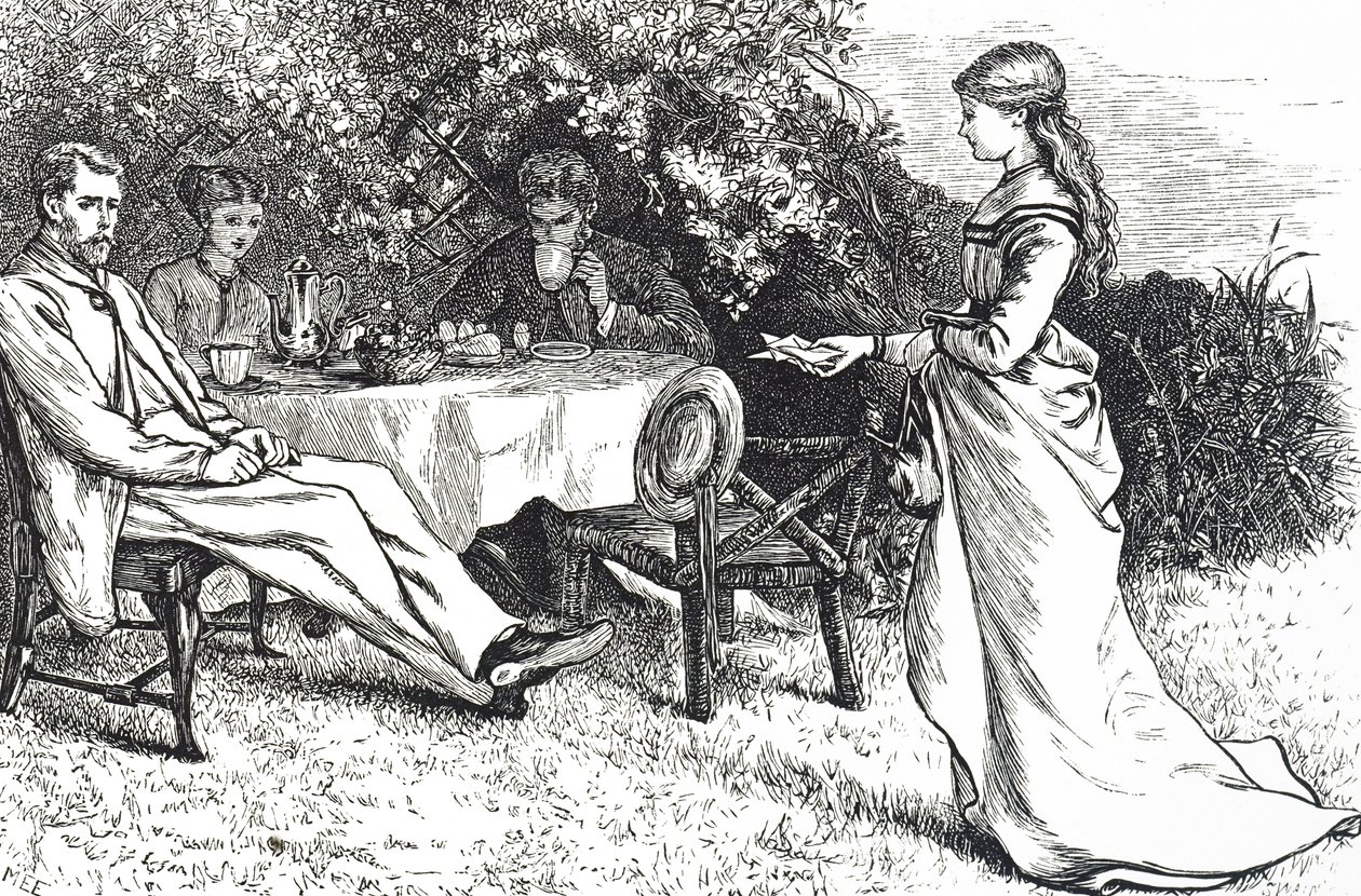 Illustration, der viser en familie, der tager morgenmad i haven af Mary Ellen Edwards